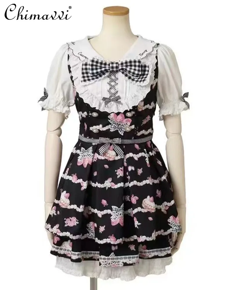 

New Japanese Liz Princess Girls Big Bow Dress Set Sweet Berry Floral Print Dress Top and Skirt Y2k Womens Lolita Two-Piece Set