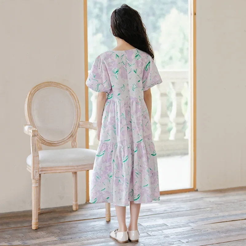 Summer Dress for Girls 2026 New Short Sleeve Purple Floral Princess Dresses 4-15 Years Casual School Teenage Children Costumes