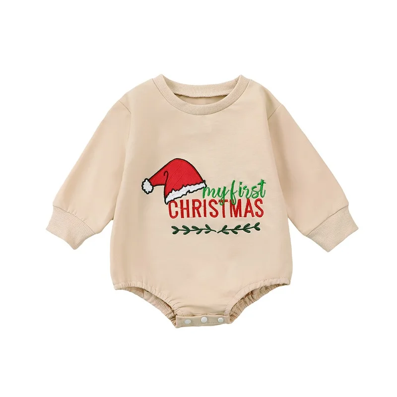 Baby Christmas Romper Long Sleeve Crew Neck Santa Hat Embroidery Bodysuit Newborn Playsuit