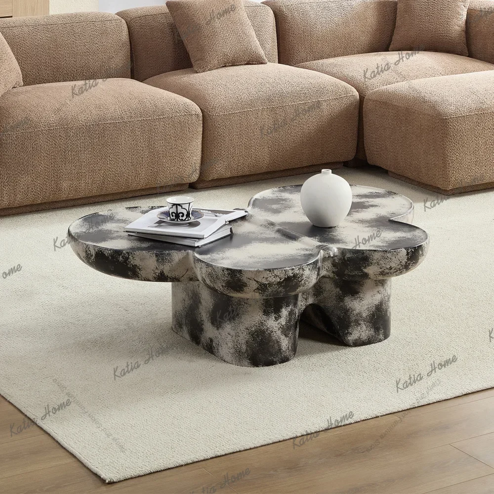 LSButterfly Style Coffee Table Imitation Natural Limestone Texture Black and Beige Matching Decorative Center Table Home Decor