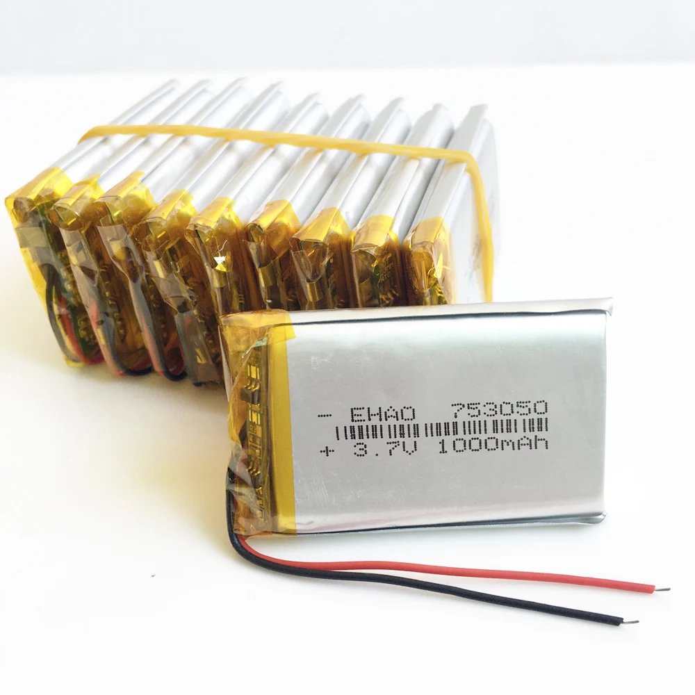 10 pcs 3.7V 1000mAh lipo polymer lithium rechargeable battery 753050 for GPS DVD recorder e-book camera PAD Speaker Mobile Phone