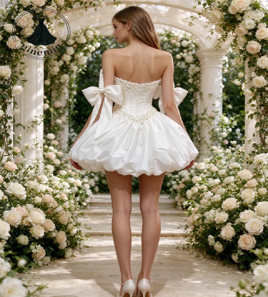 Romantic Pearls Civil Wedding Dress Off Shoulder Large Shoulder Bows Puffy Bubble Garden Bridal Gowns Elopement Beach Customized