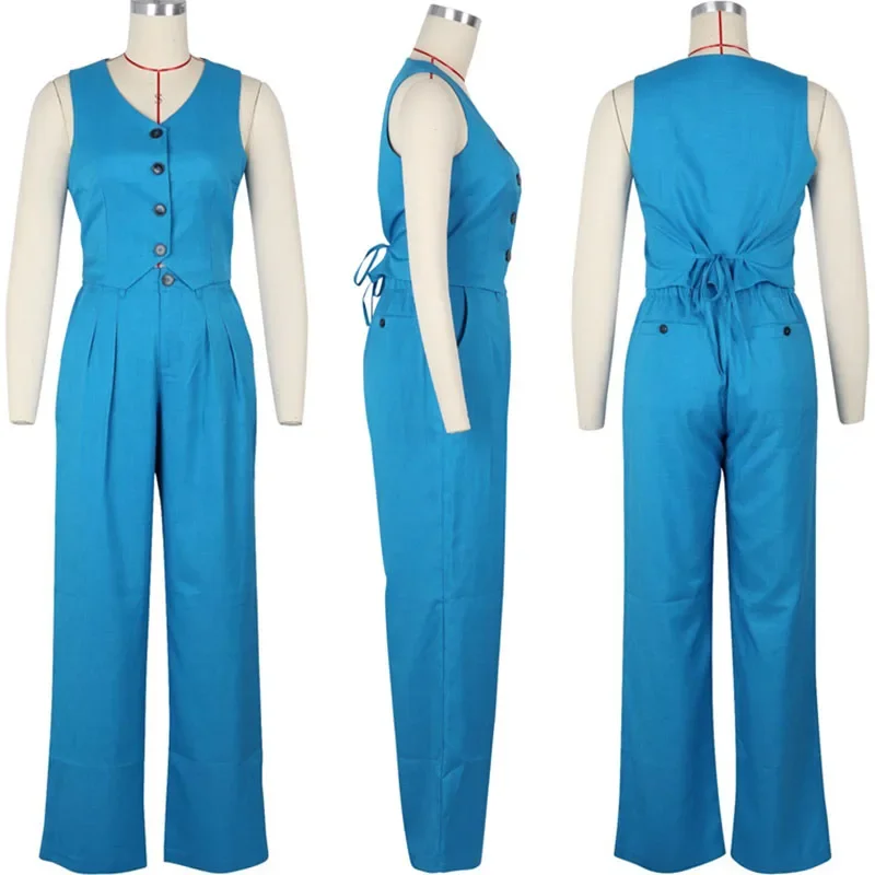 Fashion Elegant Two Piece Set for Women Workwear Office Lady Sleeveless Vest Single-breasted Top + Wide Leg Pants Business Suit