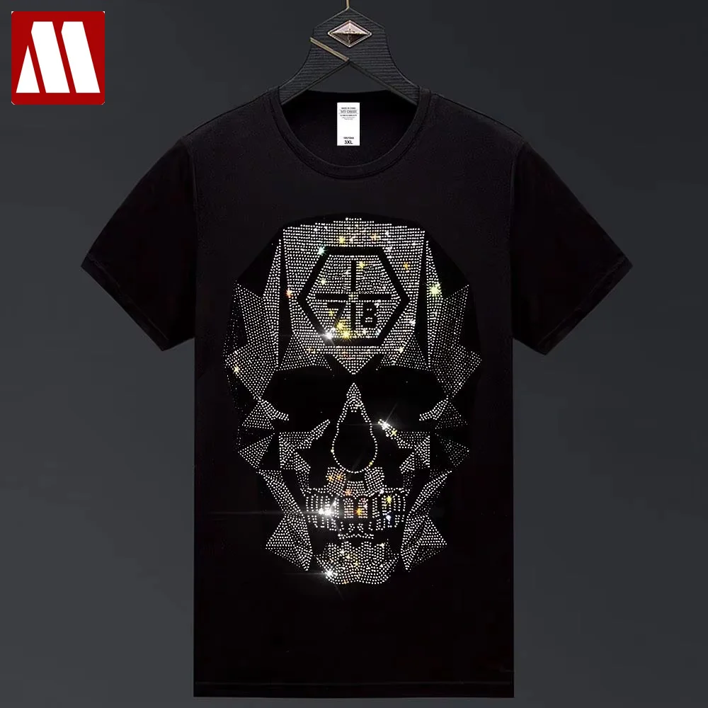 

2025 Summer Men's Design Black Skull Rhinestones T shirts Man Women Cotton Diamond Print Tees Unisex Streetwear Cool Tops