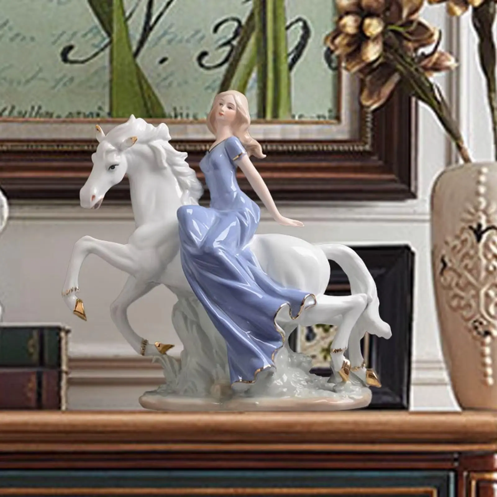 

Horse Riding Girl Statue Ceramic Figurine for Housewarming Office Indoor