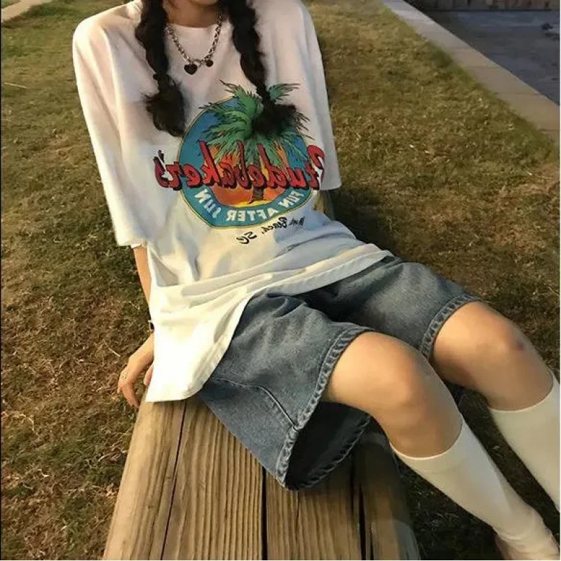 

Y2K Summer Women Vintage Streetwear Denim Shorts Cargo Short Pants Harajuku Clothes High Waist Knee Length Wide Leg Baggy Jeans