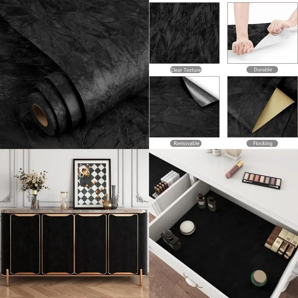 ورق جدران أسود مخملي - قماش لباد عتيق ذاتي اللصق مقاس 30 × 200 لتزيين جدران غرفة النوم