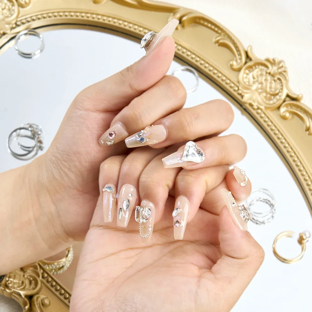 

10pcs Long Press on False Nail Handmade Nails with Diamond Nude Temperament Decorated Fake Nails for Women and Girls Daily Wear