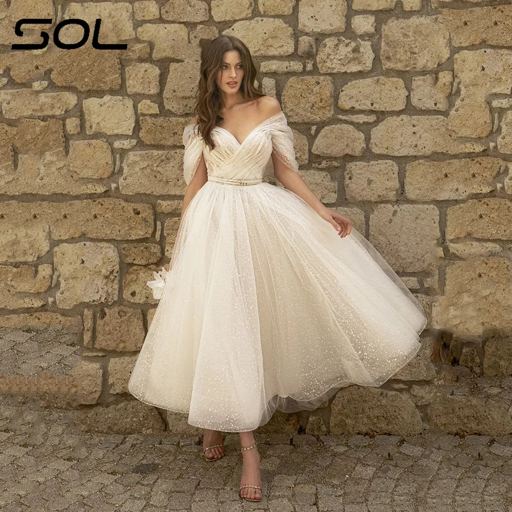 

Sol Bling Glittter Off The Shoulder Boho Wedding Dresses For Women Sweetheaart Net Tulle Beach Tea Length Bridal Gowns Lace Up