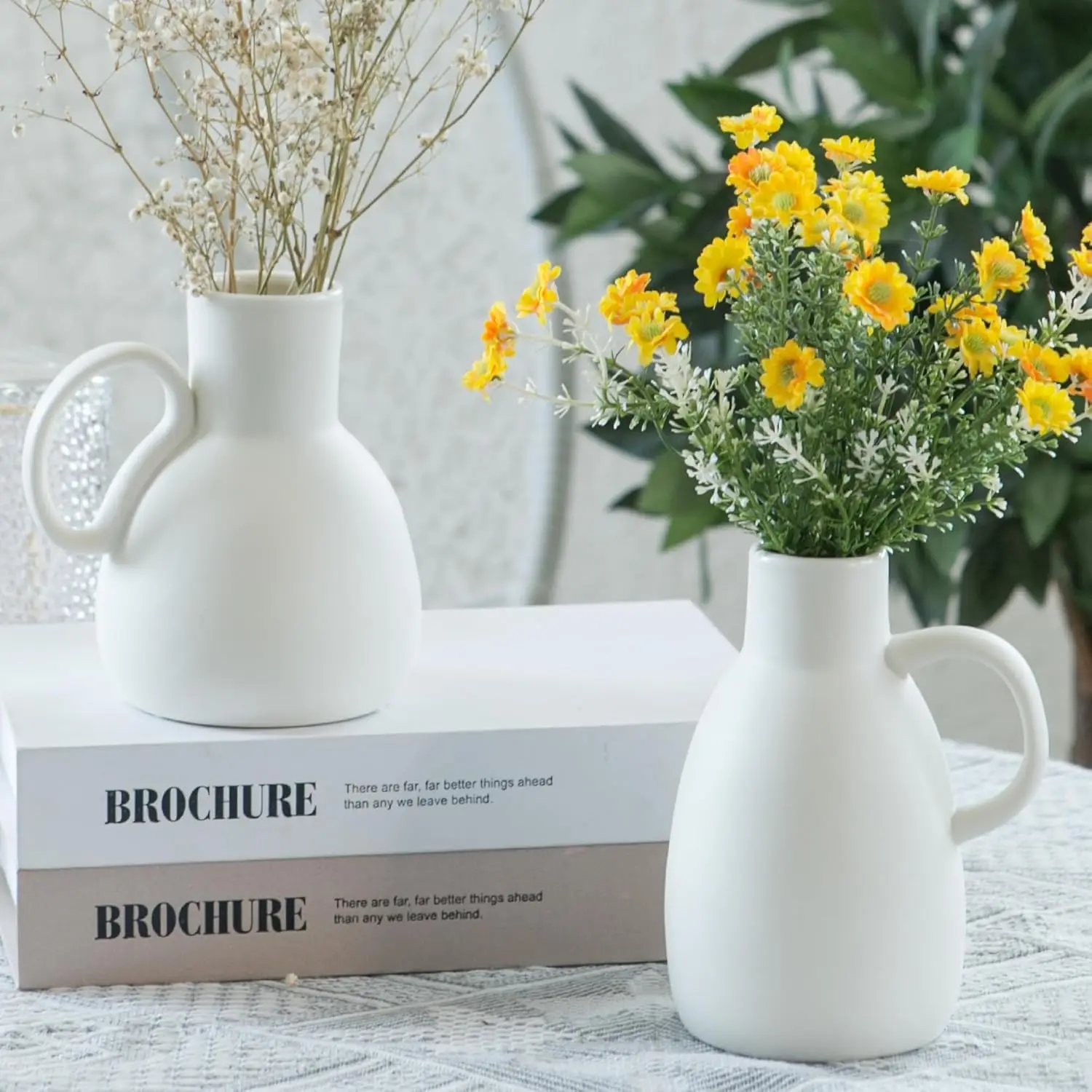 

White Ceramic Vase Set - 2 Small Vases with Handle, Pottery Vases for Modern Home Decor, Minimalist Matte Pitcher for Fo