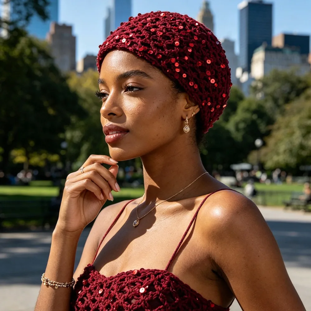 Fashion Elegant Sequined Beanie Crochet Thin Knitted Hat Solid Color Korean Weave Cap Girls