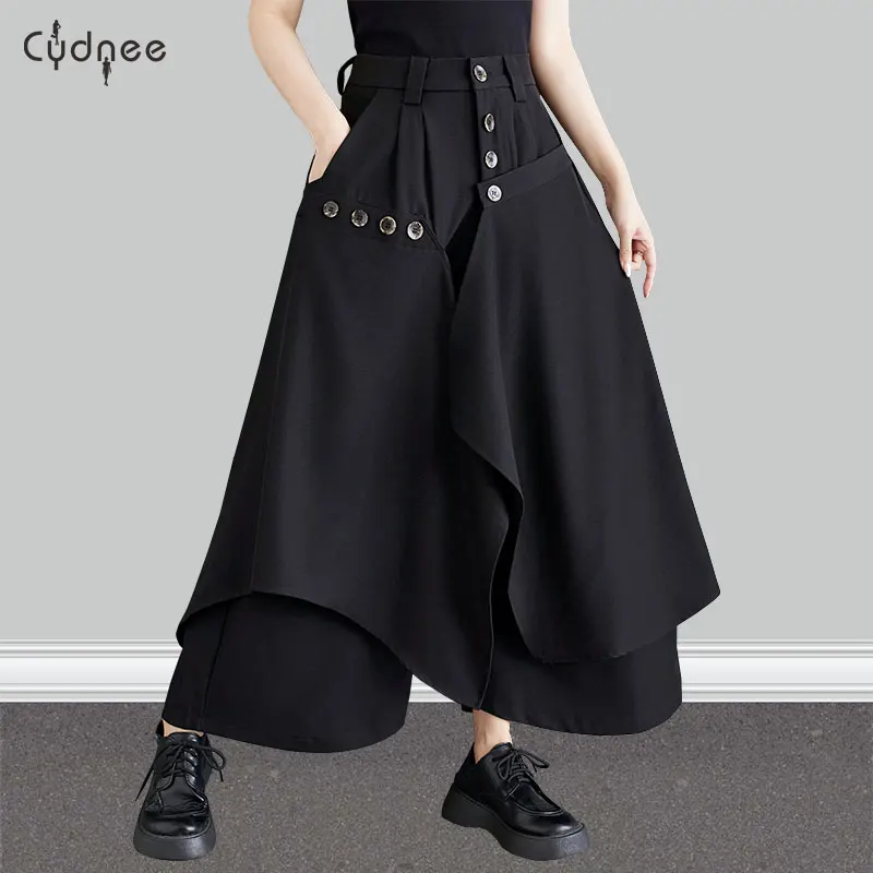 

Black Spring Summer Trousers Women Irregular Design Wide Leg Pants Patchwork Asymmetry Capris Korean Style Culottes