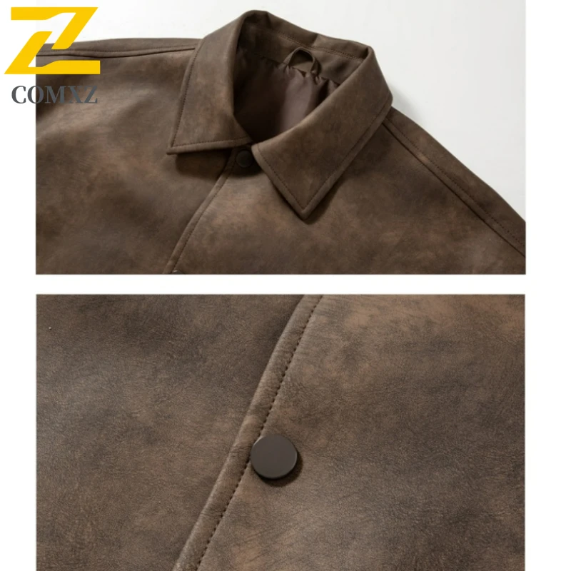 Street Loose Jacket Men Autumn Fashion Retro Solid Color Windproof PU Leather Coat Men's Clothing Casual Loose Motorcycle Jacket
