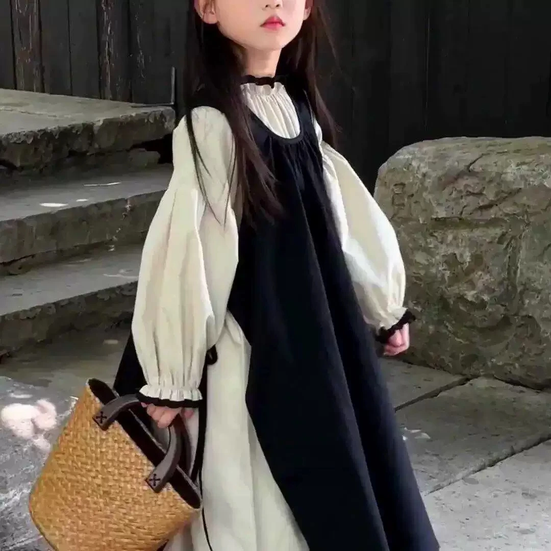 Two Pieces Set Spring Autumn Baby Girls Clothes Puff Sleeves Black Border Dress Black Sleeveless Kids Overalls Dress
