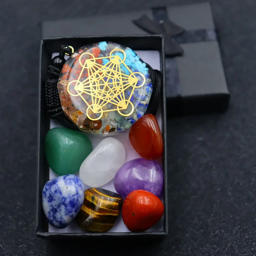 

7 Chakra Healing Crystals Kit Merkaba Orgone Pendant Energy Generator Yoga Tumbled Stones Set Necklace for Women with Gift Box