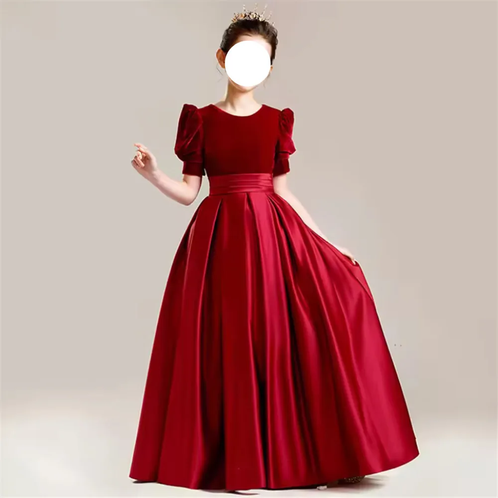 Robe élégante pour demoiselle d'honneur, en velours et satin, avec ceinture, pour enfants, robe de princesse pour fête d'anniversaire, robe de communion, personnalisée