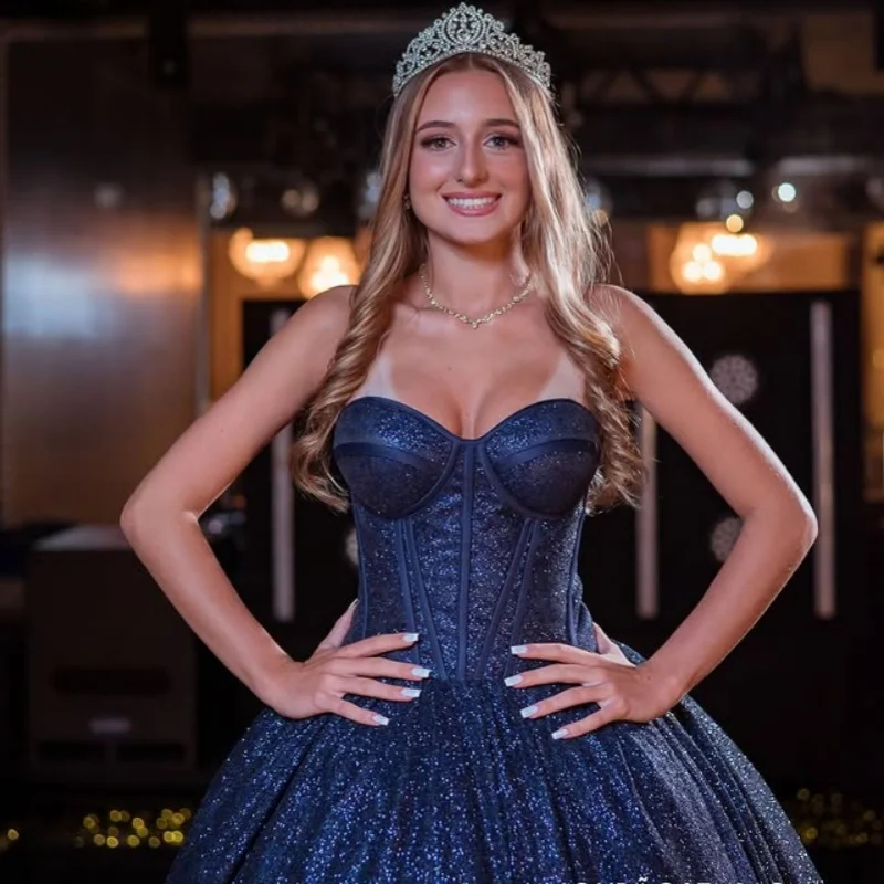 Простое блестящее темно-синее платье Quinceanera с открытыми плечами по индивидуальному заказу, аппликация с кристаллами и длинным хвостом, платья de 15, Quinceanera