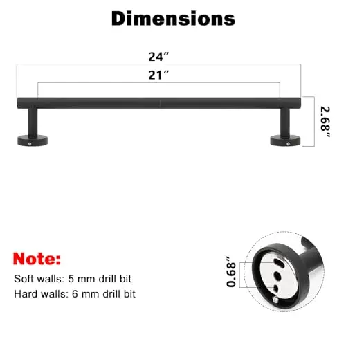 

Matte Black 24-Inch Wall-Mounted Stainless Steel Towel Bar With 21-Inch Hanging Space, 2-Pack For Bathroom Use