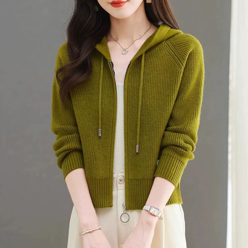 Non-Ball ort Damen-Cardigan mit offener Strickwaren, lässig, lockere Passform, lange Sve-Kapuze, Jaet-Herbst-Oberbekleidungsmantel