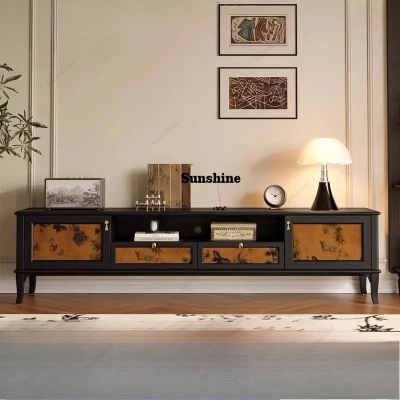 

French retro solid wood TV cabinet, antique living room against the wall, storage cabinet