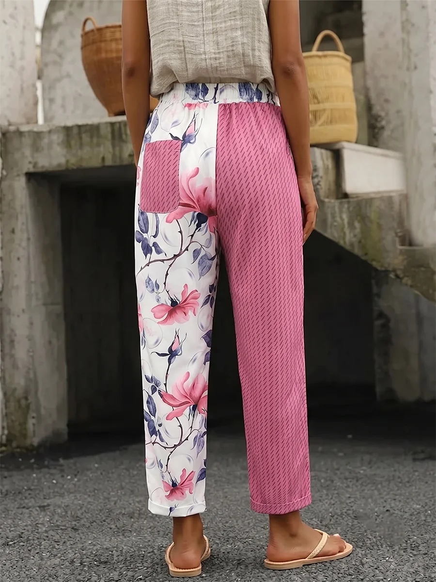 Women Vintage Floral Print Patchwork Loose Casual Pants Autumn Elastic Waist Wide Leg Trousers Baggy Boho Streetwear Pockets