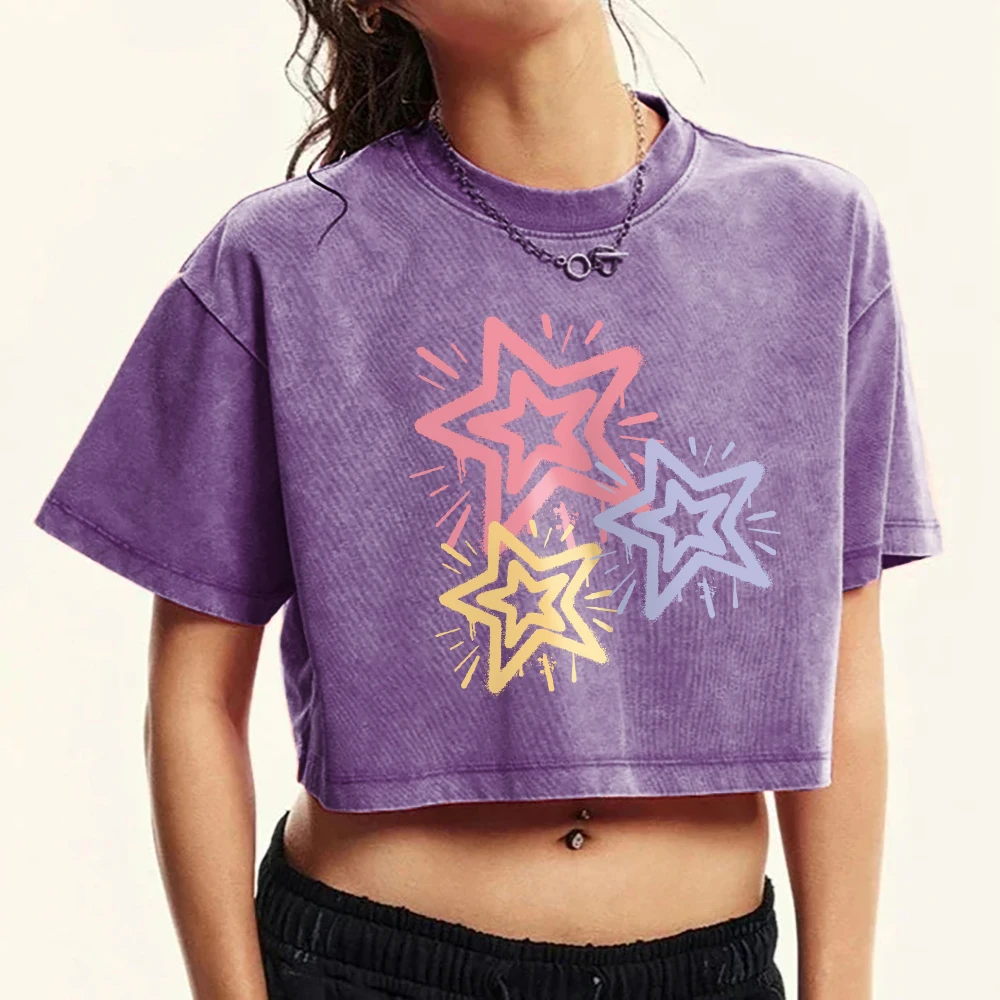 Colorful Stars Personality Print Snow Wash T-Shirt Women Casual Cotton Washed T Shirt Soft Retro Short Sleeve Fashion Top Female