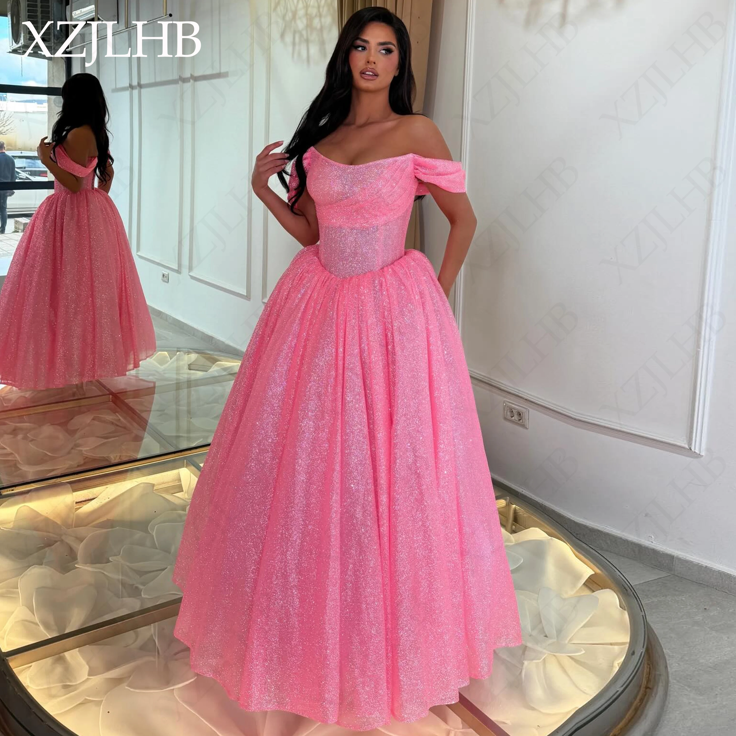 XZJLHB Pink Sparkly Off Shoulder Prom Dress Women's Corset Bodice Party Dresses Tulle Long Quinceanera Ball Gowns Personalized