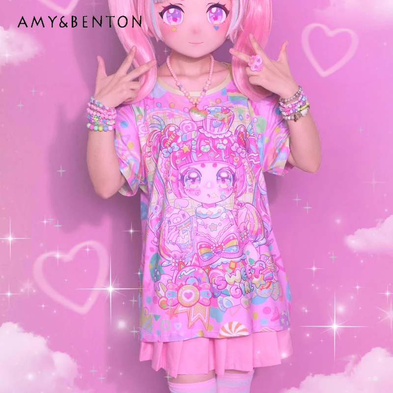 

Original Pink Candy Girl Full Print Subculture Loose Women's T-Shirt New Sweet Cool Versatile Loose Slimming T-Shirts Ladies