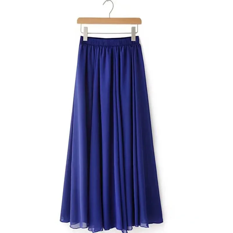 New Summer Chiffon Skirts Plus Size Full-Length Skirt High Waist Elegant Dance Skirt Pink Black Red Royal Blue White Long Skirts