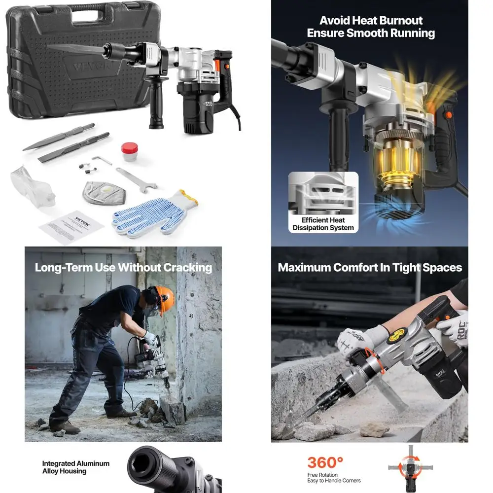 콘크리트 파괴용 헤비듀티 1400W 전기 잭해머, 치즐 2개 포함, 2900 BPM, 휴대용 케이스, 철거 작업에 이상적