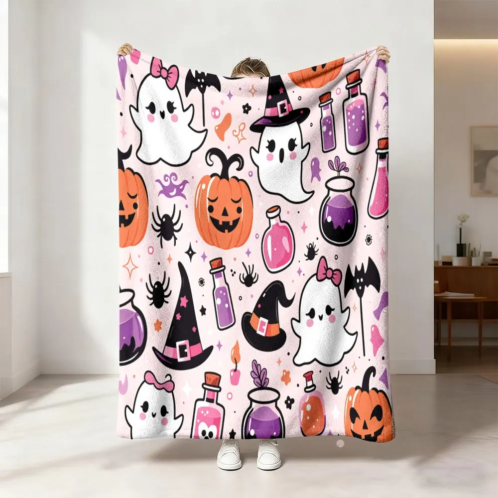 Spooky Cute Halloween Ghost Pumpkin Witch Candy Jar Throw Blanket Cozy Fall Decor Gift for Kids Adults