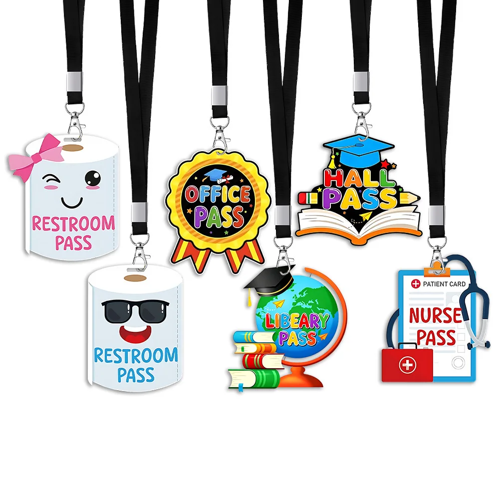 6 Sets Funny Cartoon Acrylic Hall Pass Lanyards, Restroom Library Office Nurse Station School Passes, Teacher Supplies Gift