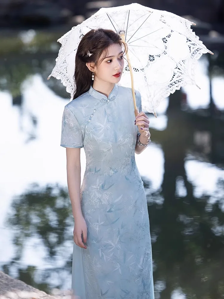 

Blue Retro Chinese Sle Young Women's Daily Wear High Quali Long Qipao Slanted Lapel ort Sve Floral Pattern