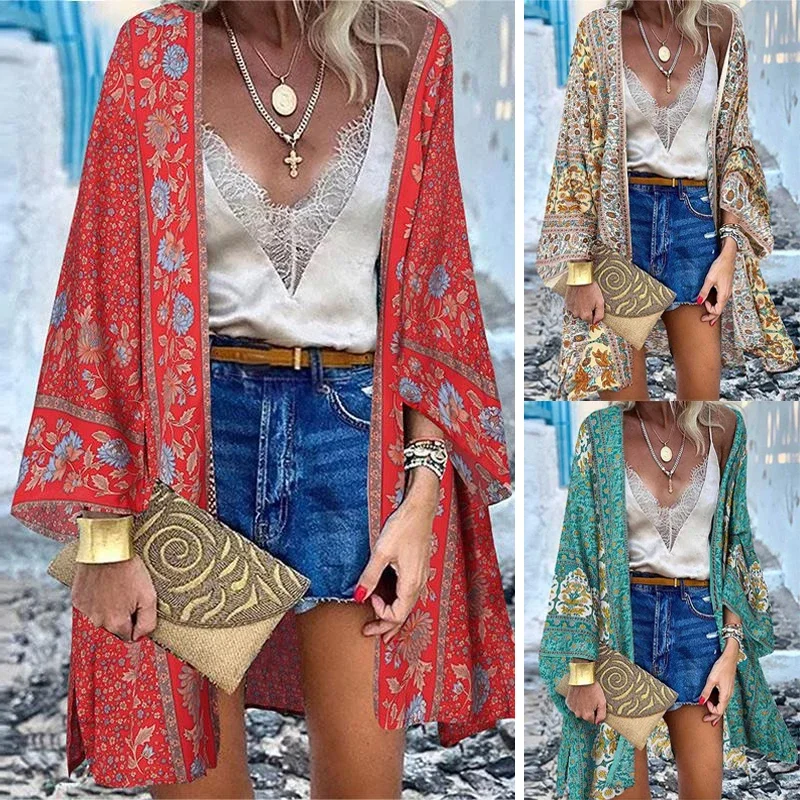 Summer Bohemian Beach Printed Cardigan Jacket Long Sleeve Leisure Holiday Beach Swimsuit Blouse Shawl Long Coat M-5XL