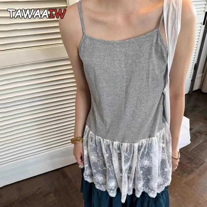 Tawaaiw Korean Fashion Patchwork Lace Halter Tops Sleeveless Tank Tops All Season 2000s Clothes Y2k Camisole Women Tanks Chic