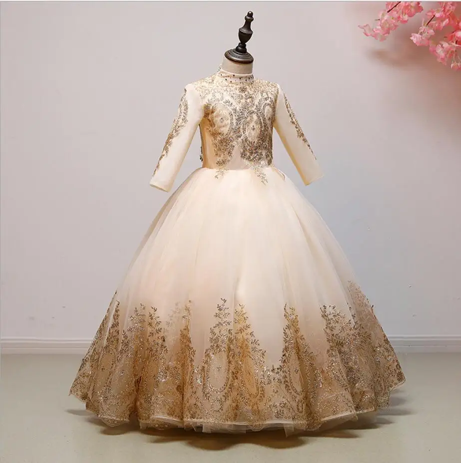 Elegant Girl Dresses Gold Sequin Lace Prom Princess Formal Dress Long Sleeve Flower Girl Dress Pageant Party Wedding Ball Gown