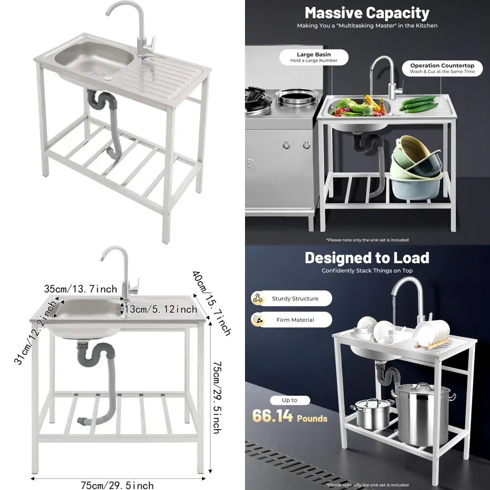 

Stainless Steel Single Bowl Kitchen Sink - 29.5 x 15.7 Commercial Grade Sink with Operation Cover for Home Use