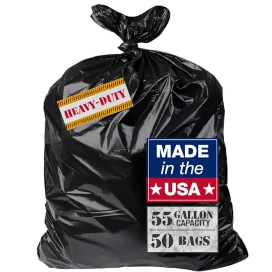 

Extra Heavy Duty Black Contractor Garbage Bags 55 Gallon 50 Trash Bags Construction Grade 3 mil Made in USA