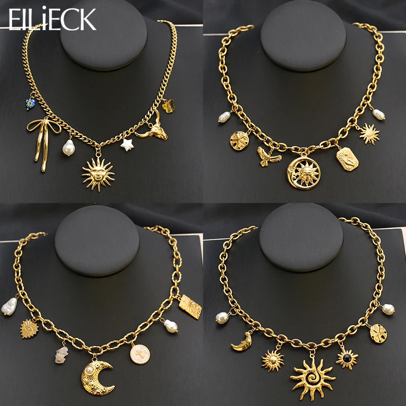 

EILIECK 316L Stainless Steel Trendy Starfish Moon Sun Shaped Pendant Necklace Statement Charm Golden Chain Fashion Jewelry Gift