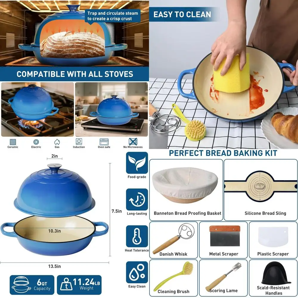 

6-Quart Cast Iron Dutch Oven with Proofing Basket, Silicone Sling, and Dough Whisk for Sourdough and Multipurpose Cooking