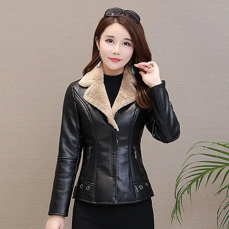 

New Winter Short PU Leather Jacket Women Thick Plus Velvet Warm Long Sleeve Korean Version Tide Slim Leather Pocket Coat