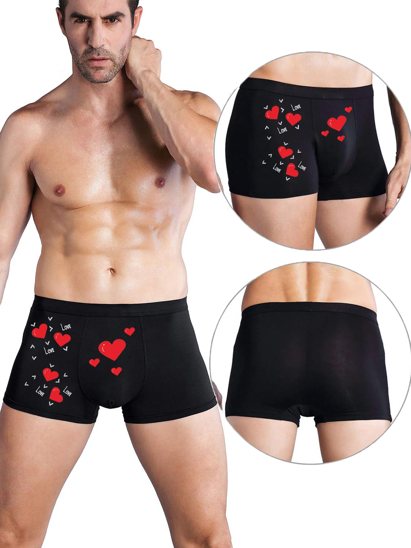Bequeme Boxershorts für Herren mit herzförmigem Liebesdruck, Valentinstagsgeschenk, elastische Unterwäsche S-XXL