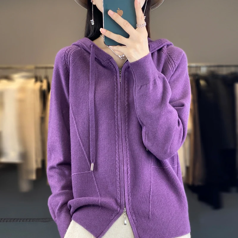 2023 New Autumn and Winter Cashmere hooded cardigan Women Knitwear Cashmere Cardigan Women Cardigan Sweater Coat