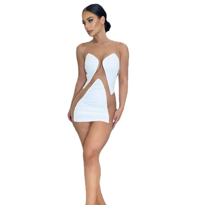 2025 Summer Mesh Perspective Splice Milk Silk Color Contrast Sexy Dresses Bodycon Night Club Party Dress Vestido 9XL 8XL 7XL 6XL