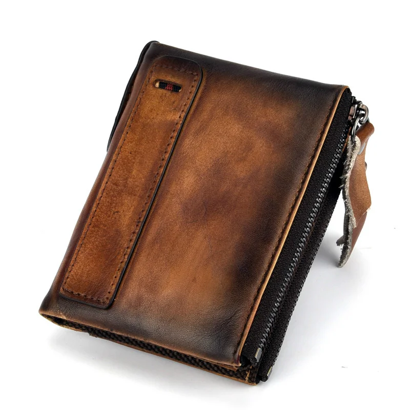 Oyixinger Men\'s Wallet Genuine Leather Small Purse For Male Handmade Casual Men Short Wallet Retro Cowhide Double Zipper Clutch