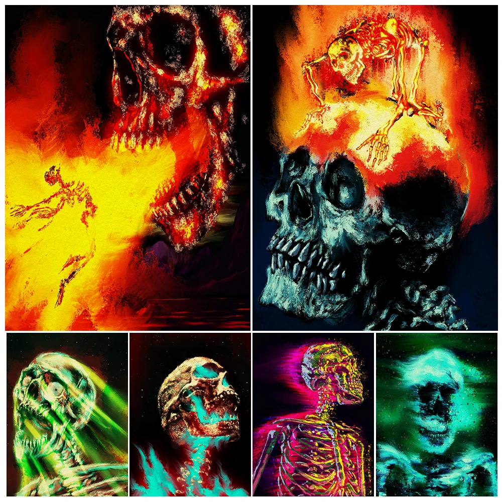 

Skeletons Burned By The Flames Of Hell Vintage Wall Art Print Gothic Creepy Colored Skeleton Art Poster And Print Home Decor