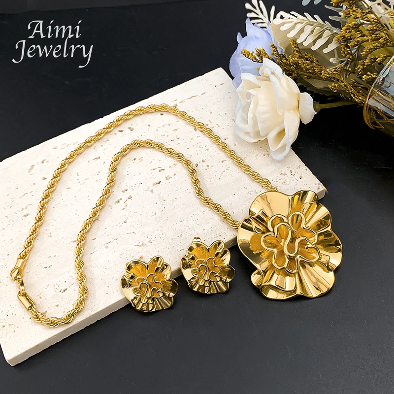 Original Blumenanhänger mit Kette, afrikanisches 18K vergoldetes Schmuckset, Ohrringe, Halskette, brasilianische Braut-Hochzeitsgeschenke – Detail 5