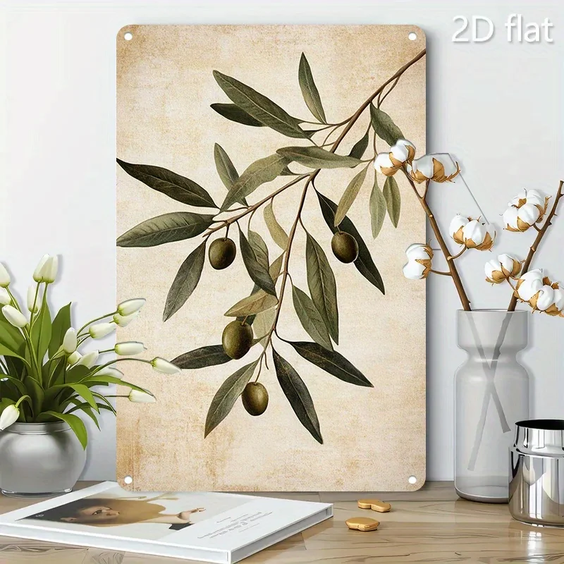 Vintage Metallschild mit Olivenzweig, 20x30 cm, Botanische Wanddekoration für Zuhause, Küche, Café, Restaurant