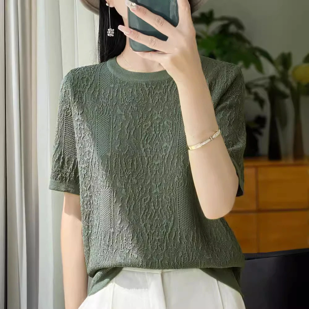 Relief jacquard knitted short sleeved women's summer new high-end round neck ice silk bottom half sleeved loose top t-shirt