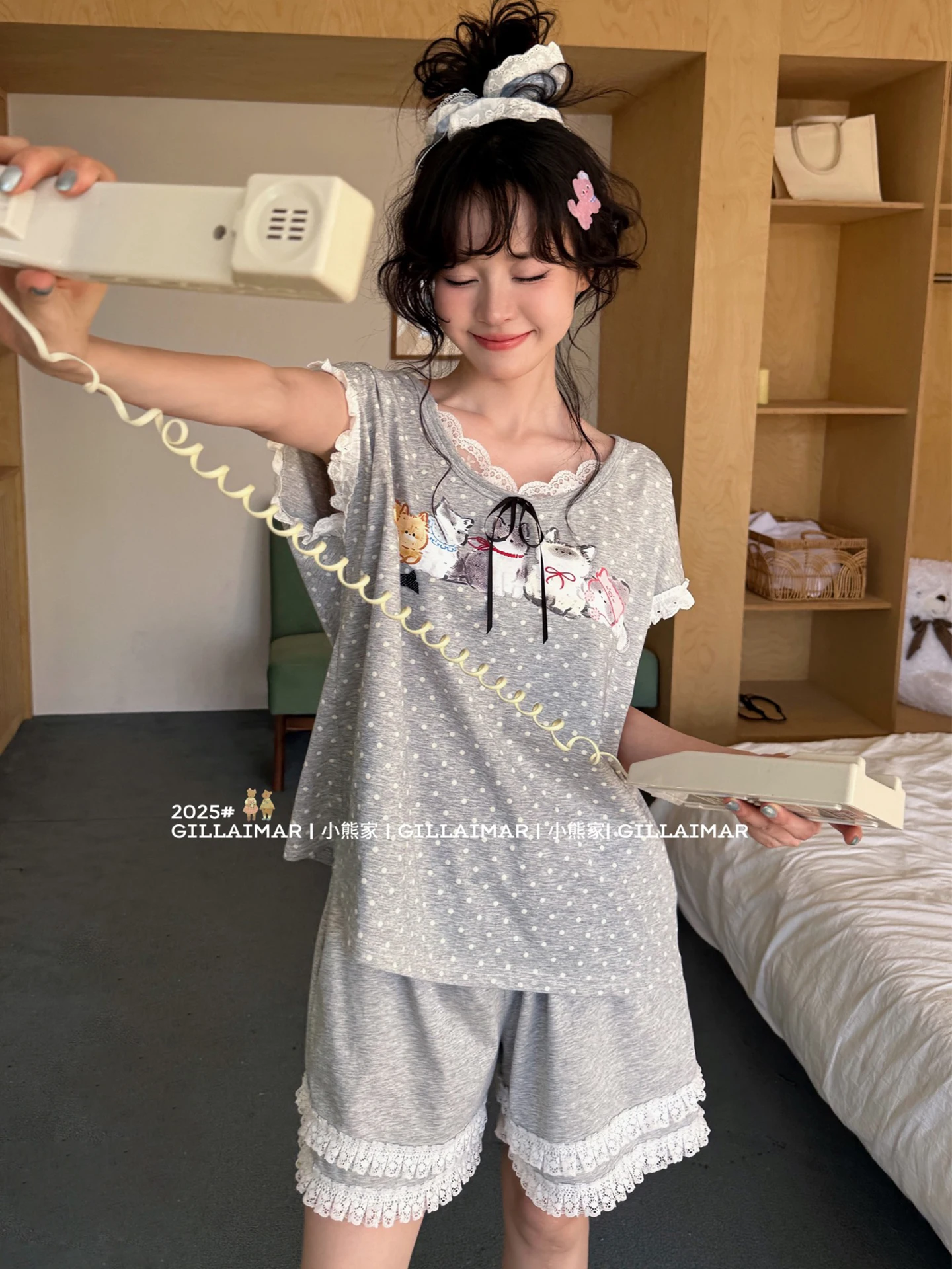 Summer new ins cute cat polka dot short-sleeved pajama set thin mercerized cotton loungewear set women